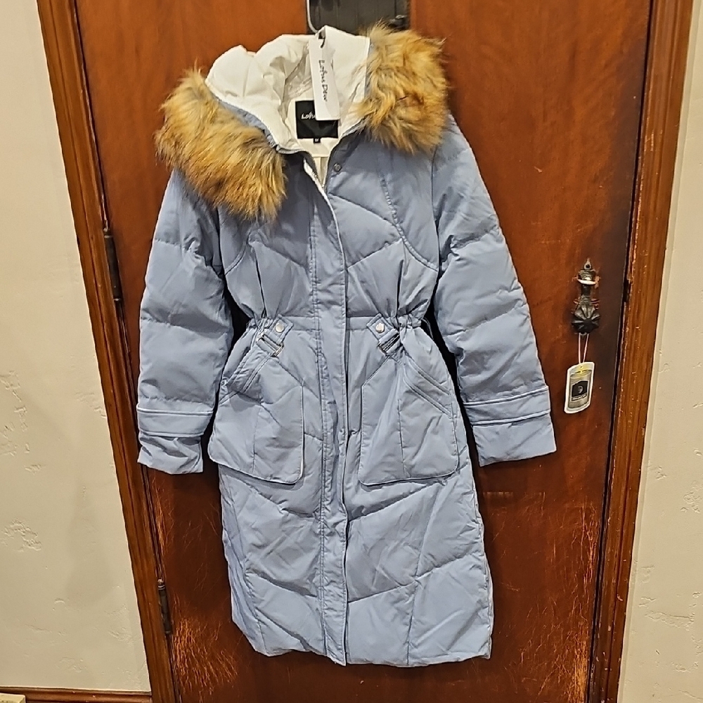 Med New Women's Blue Faux Fur Hooded Coat Removable Fir Trim